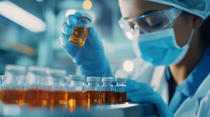 In a pharmaceutical factory, an African American female scientist in sanitary gloves meticulously examines medical vials on the conveyor belt, highlighting her role in ensuring pre