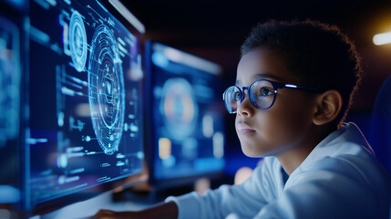 A motivated school student engages with AI and machine learning software on a computer, exploring the potential of artificial intelligence in shaping the future of education and te