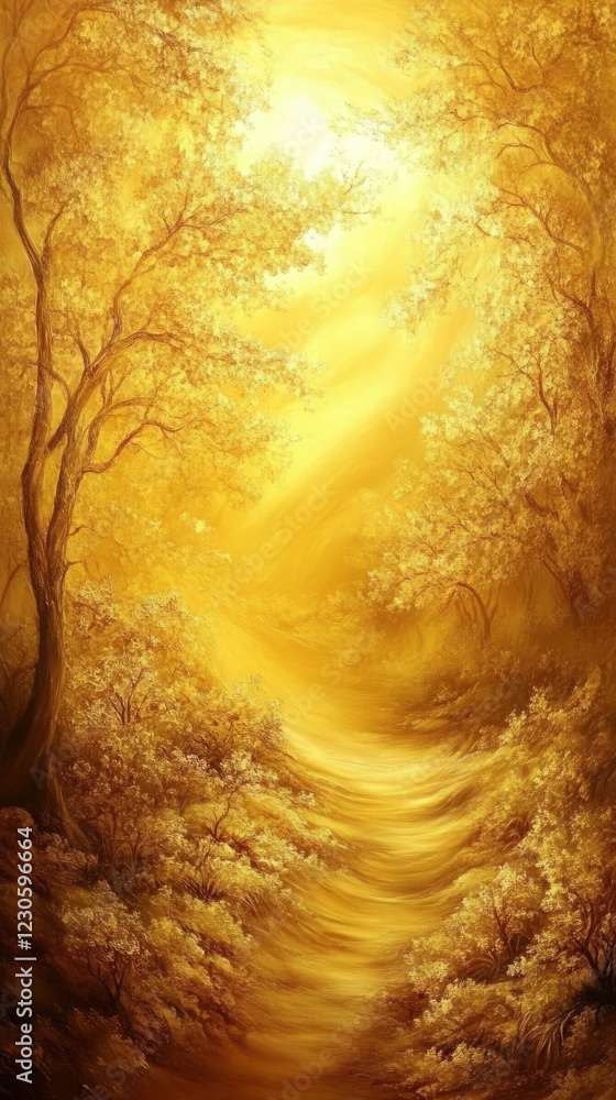Poster a mesmerizing golden forest scene with sunlight streaming through trees, creating a magical autumn a