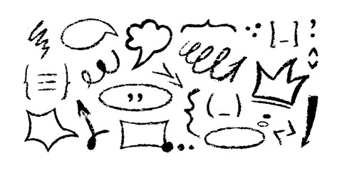 Chalk speech bubble set. Line, arrow, scribbles, underlines, swirls, crown, doodle elements. Crayon dialogue cloud frame different forms by pencil. Circle, heart, abstract talk cute charcoal box.