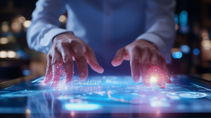 pair of hands interacts with a sleek digital interface showcasing AI-driven charts and analytics, highlighting the role of artificial intelligence in revolutionizing data analysis