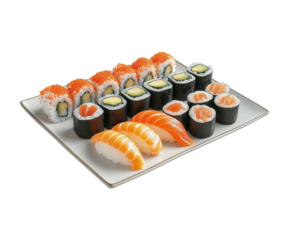 Sushi platter with assorted Nigiri and a Roles - Isolated on transparent background