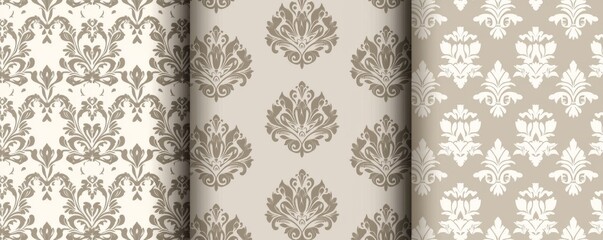 Geometric floral set of seamless patterns. Gold and white modern backgrounds. Simple illustrations