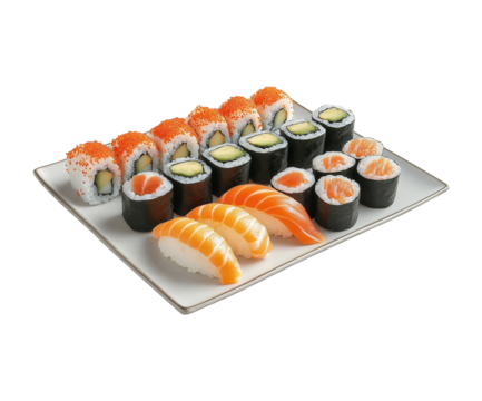 Sushi platter with assorted Nigiri and a Roles - Isolated on transparent background - Powered by Adobe