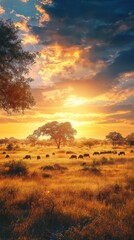 Obraz premium African savanna sunset herd grazing landscape