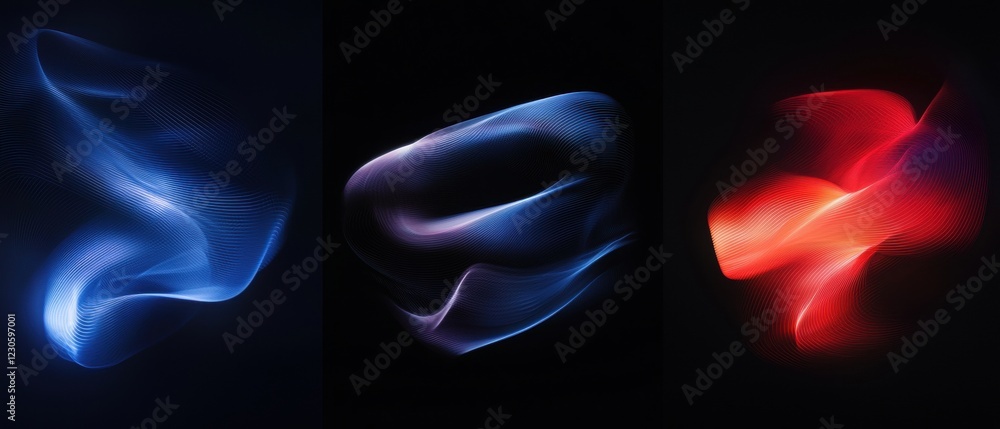 Poster collage of three abstract digital art pieces. the first image on the left is a close-up of a blue wa