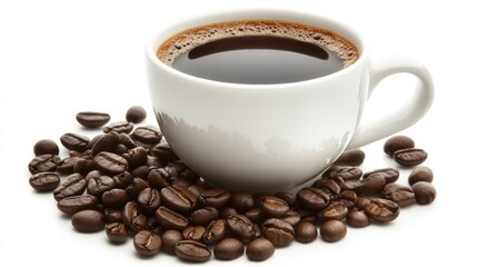 Fototapeta premium A White Cup of Coffee with Roasted Beans