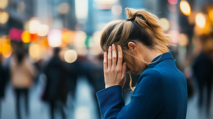 Fototapeta premium A woman experiencing a panic disorder in a bustling city feels consumed by fear and anxiety. Despite the many people around her, she feels entirely alone, highlighting the isolatin