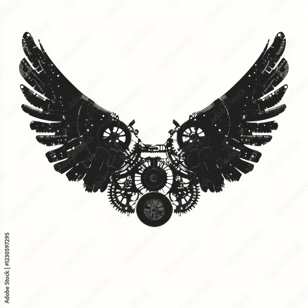 Poster intricate mechanical wings with gears and cogs symbolizing innovation and technology on a white back