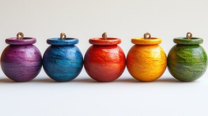 Colorful wooden pots arranged in a row, showcasing vibrant hues against a neutral background