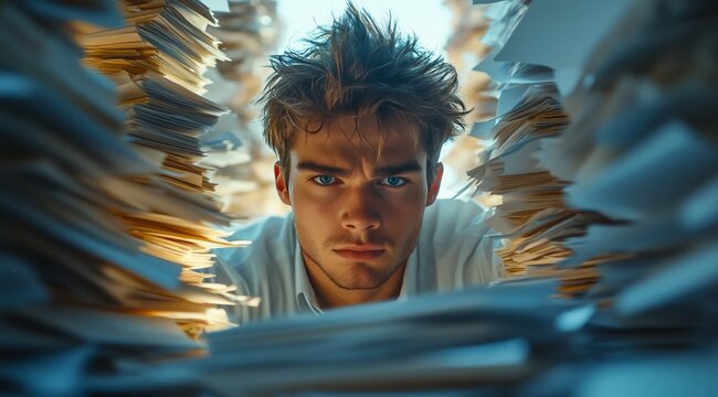 Young man surrounded by piles of paperwork in a busy office environment during the afternoon