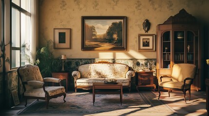 A living room with old-fashioned furniture and decor, giving it a classic and timeless feel.