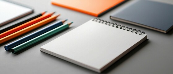 Group of stationery items arranged on a grey surface. there are six pencils of different colors - red, orange, blue, green, yellow, and purple - arranged in a scattered manner.