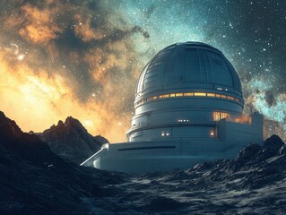 A giant space observatory with vivid galaxies and nebulae in the distance on back, photorealistic, ultra-detailed, cinematic style
