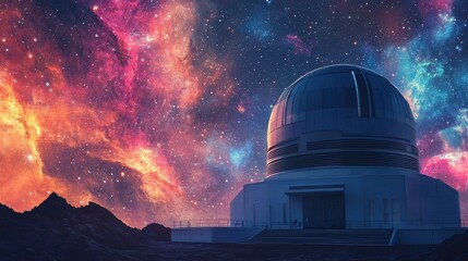 Obraz premium A giant space observatory with vivid galaxies and nebulae in the distance on back, photorealistic, ultra-detailed, cinematic style
