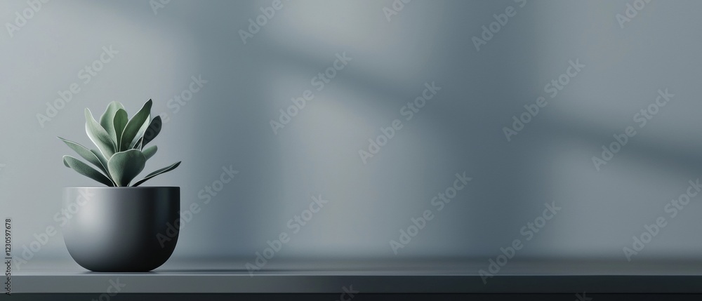 Poster small potted plant on a grey surface. the pot is round and has a smooth texture. it is placed on the
