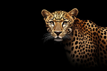 Majestic leopard gazes intensely against a dark background in a striking portrait