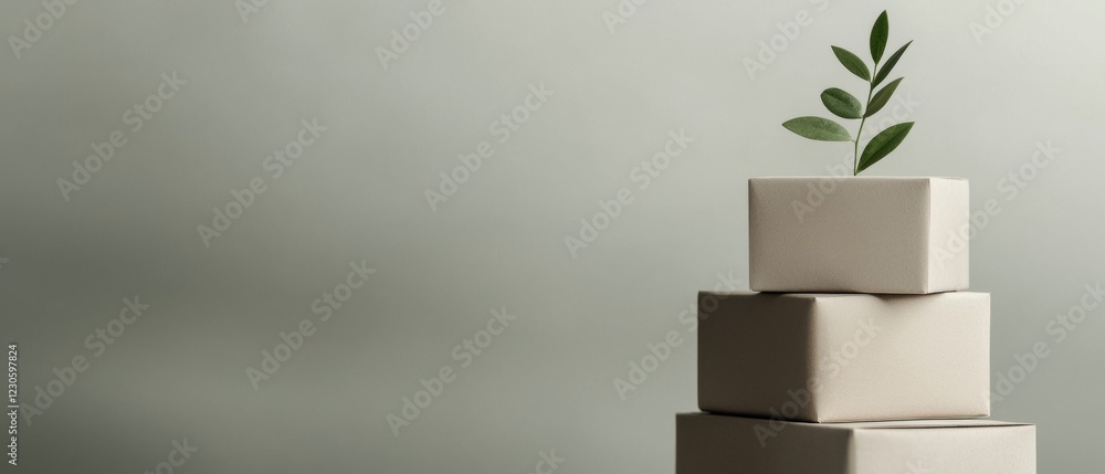 Poster stack of three square-shaped boxes stacked on top of each other. the boxes are light beige in color 