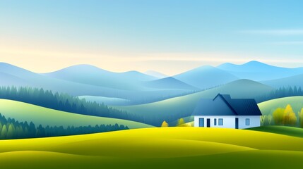 Serene countryside landscape featuring a cozy house surrounded by lush green hills and distant mountains