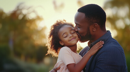 Fototapeta premium beautiful, emotional moment as an African American father kisses his daughter on the forehead, radiating love and care. Valentineâs Day concept.