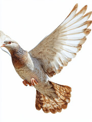 Fototapeta premium Brown and white pigeon in flight, wings spread wide, isolated on white.