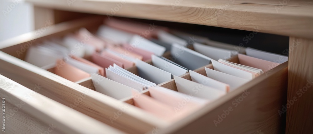 Poster close-up of a wooden drawer with multiple compartments. the drawer appears to be made of light-color