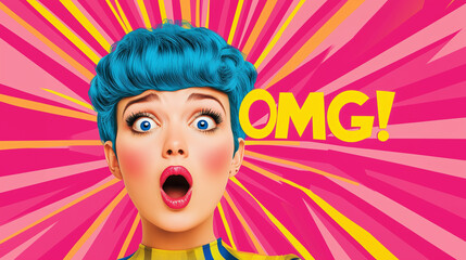A pop art-inspired illustration of a surprised woman with bright blue hair, set against a striking pink striped backdrop. The "OMG!" in bold yellow text adds a dramatic flair to th