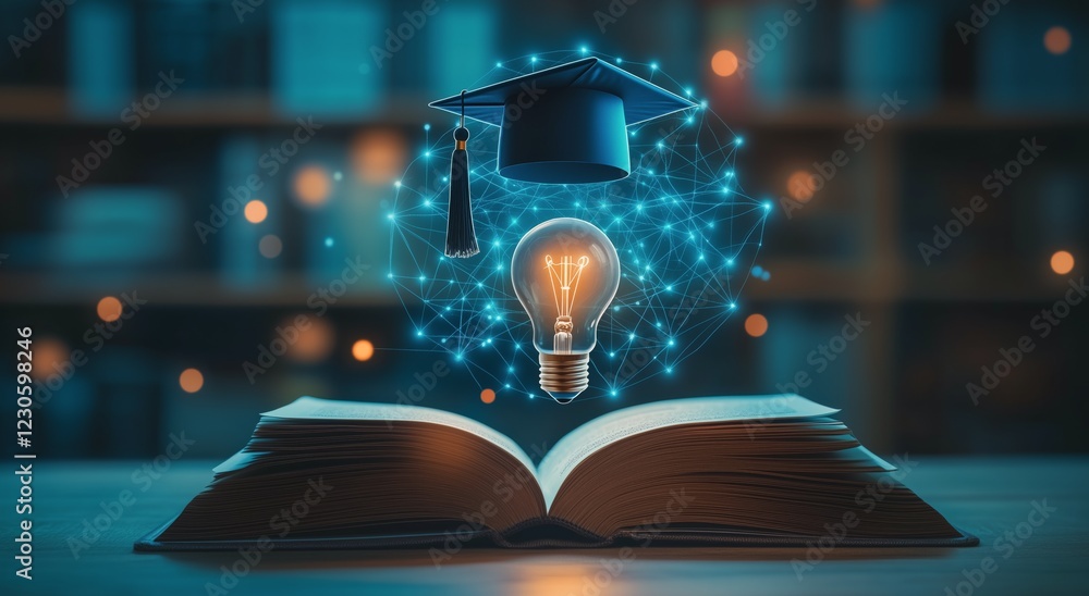 Poster Spark of knowledge with graduation cap and glowing light bulb above an open book