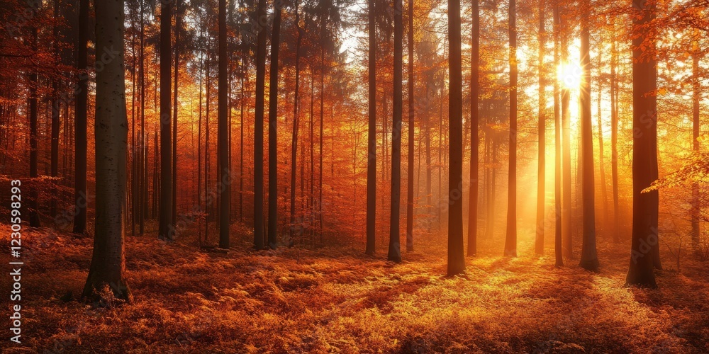 Poster sunlight filters through tall trees in an autumn forest, casting a warm glow on the foliage below.
