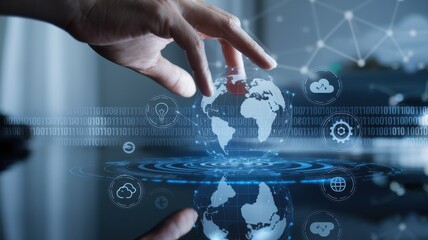 Fototapeta premium Global Network Technology: A Hand Interacting with a Holographic Earth
