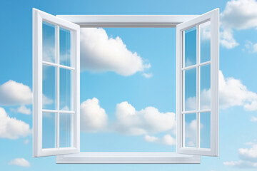 Open window revealing a bright sky with fluffy white clouds during a sunny day