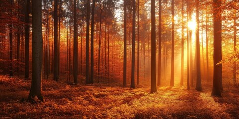 Obraz premium Sunlight filters through tall trees in an autumn forest, casting a warm glow on the foliage below.