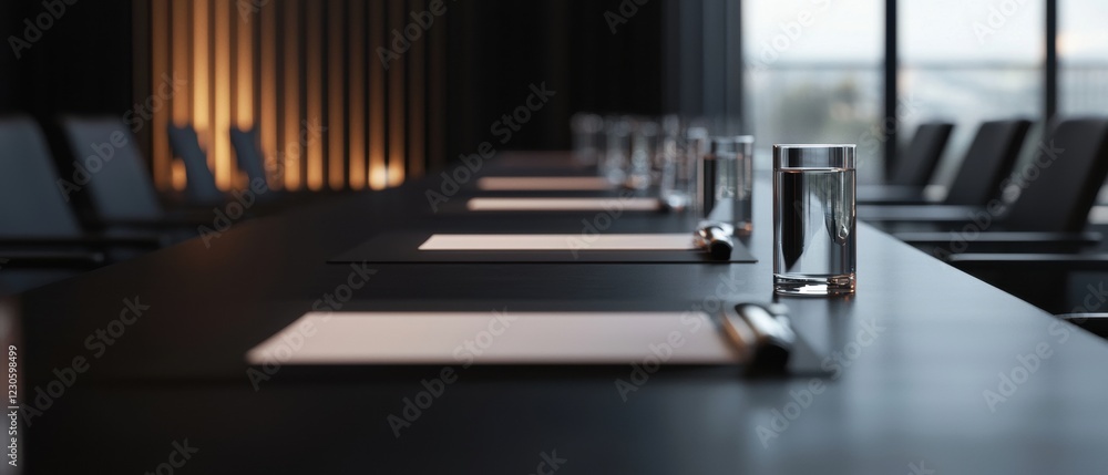 Poster long, rectangular table with a glass of water on it. the table is set up in a conference room with r