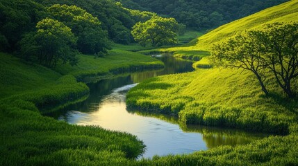 Serene river meandering through lush green valley.