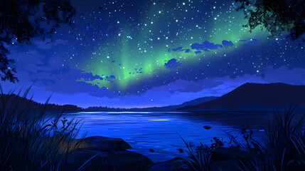 A breathtaking capture of the aurora borealis with vibrant green lights, visible over a pristine lake surrounded by a starry night sky. Aurora Lagoon. Illustration