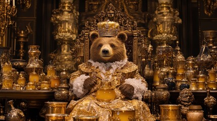 A regal brown bear sits upon a golden throne