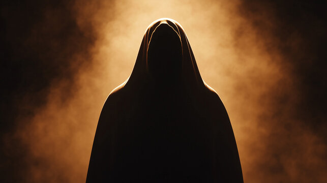 Reaper in Shadows: Mysterious Figure in Tattered Hooded Cloak dark figure, reaper silhouette, hooded cloak, shadowy figure, mysterious entity, void of darkness, ominous presence, e - Powered by Adobe