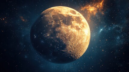 Obraz premium Golden Moon Orbiting Amidst Distant Stars