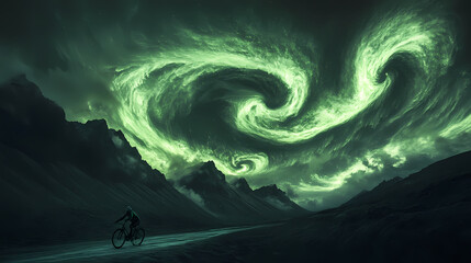 Obraz premium A photograph of the aurora borealis dancing above the mountains in iceland, with swirling green lights and dramatic shapes in the dark sky. Aurora Lagoon. Illustration