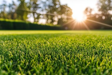 Summer forest envelops green grass at sunset, captured macro-style with a shallow depth of field for an abstract nature backdrop
