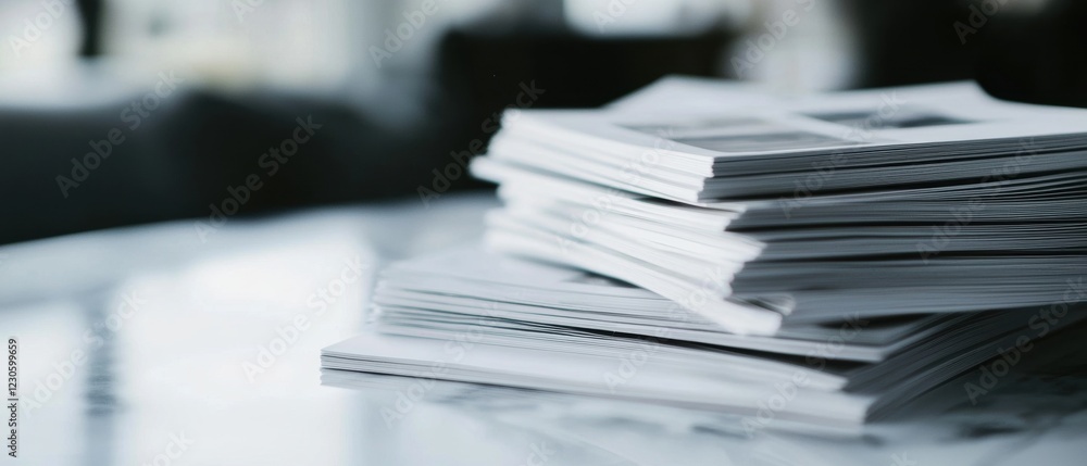 Poster stack of papers on a table. the papers are neatly folded and stacked on top of each other.