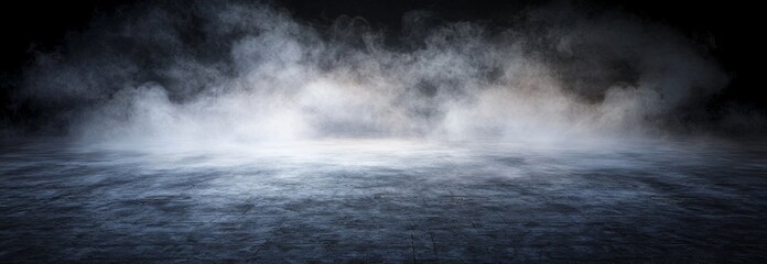 A panoramic view featuring abstract fog, where white clouds, mist, or smog float against a black backdrop. Stunning gray smoke swirles beautifully. Great mockup for your logo design. Excellent for a