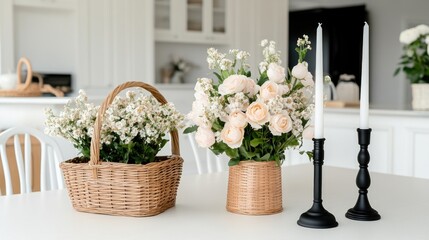 Fototapeta premium Close-up of a beautifully arranged Easter dinner table with white candles, black candlesticks, and baskets of flowers