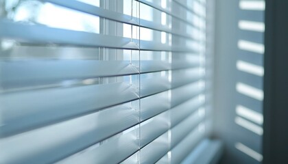 Obraz premium White Venetian blinds on a window in a minimalist interior, offering clean lines and privacy