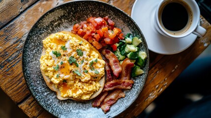 A plate of scrambled eggs and bacon for breakfast is on a table next to a cup of coffee. The eggs, vegetables, and bacon are keto-friendly foods.