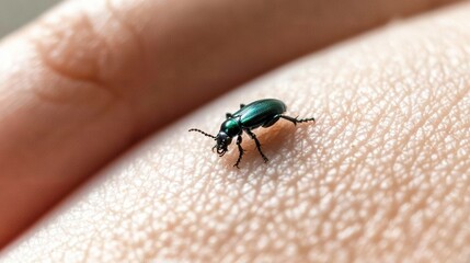   A macro shot of a tiny green bug on a person's left hand