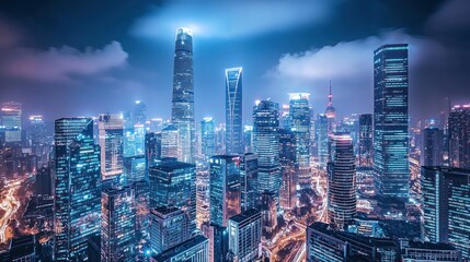 Obraz premium Night cityscape, skyscrapers, illuminated buildings, city lights, urban skyline, metropolis, high-rise buildings, modern architecture.