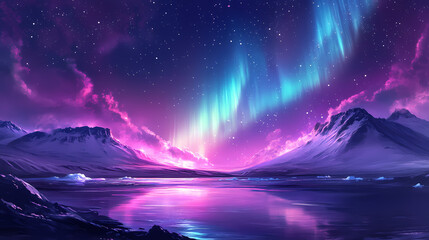 Naklejka premium Aurora borealis dancing over jokulsarlon glacier lagoon in iceland, aurora borealis. Aurora Lagoon. Illustration