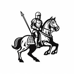 Fototapeta premium Knight in knight's armor with closed helmet visor and with a spear, on horseback, angle view, isolated on a white background, simple black and white sketch, icon, minimalism, close-up