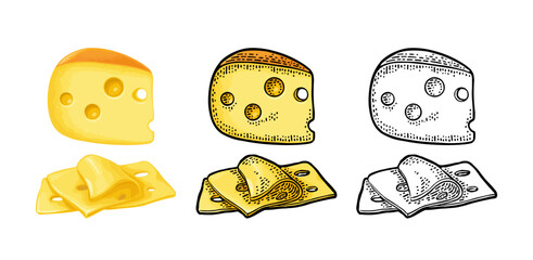 Pieces of cheese. Vector color vintage engraving illustration isolated on white background.